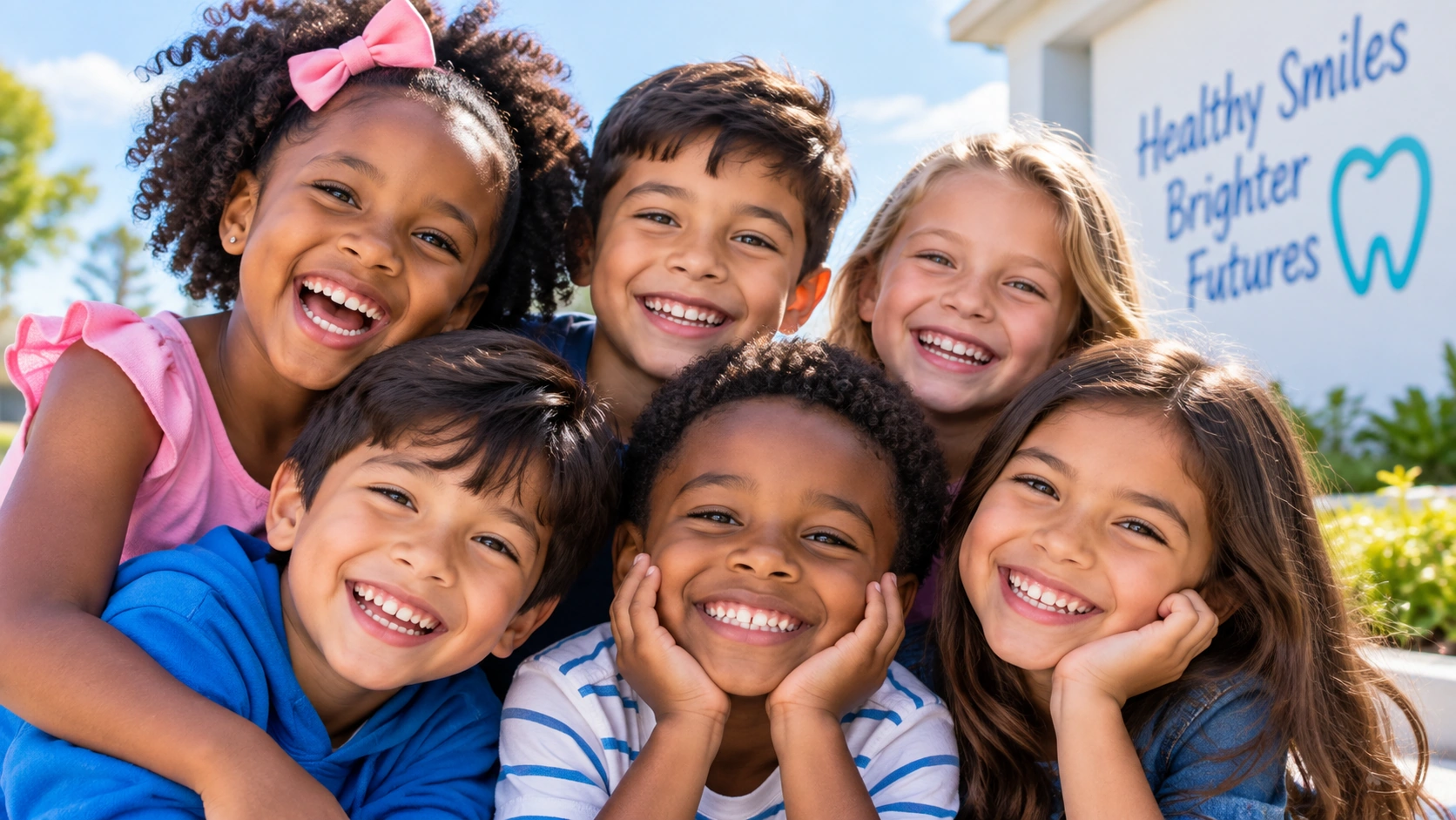 Happy, diverse children smiling brightly with healthy teeth in a warm pediatric dental environment
